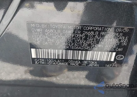 2010 Lexus Es 350 from USA, damaged, VIN JTHBK1EG6A2345164